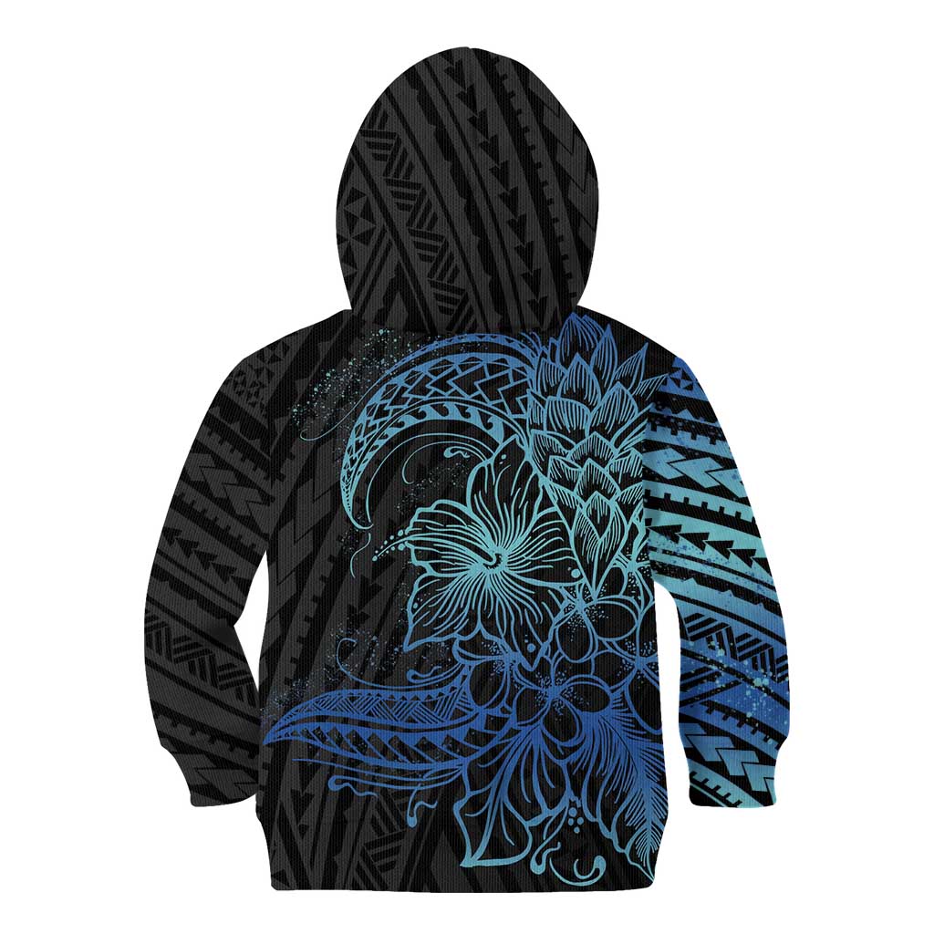 Floral Polynesian Hibiscus Tattoo Kid Hoodie Blue Gradient Style LT9 - Polynesian Pride