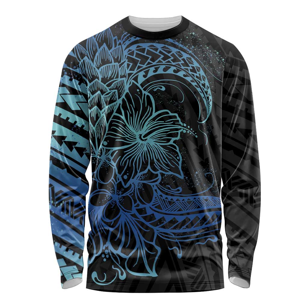 Floral Polynesian Hibiscus Tattoo Long Sleeve Shirt Blue Gradient Style LT9 Unisex Blue - Polynesian Pride