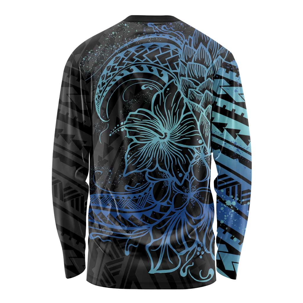 Floral Polynesian Hibiscus Tattoo Long Sleeve Shirt Blue Gradient Style LT9 - Polynesian Pride