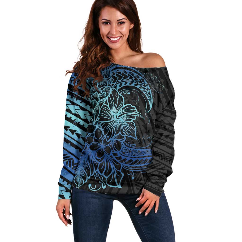 Floral Polynesian Hibiscus Tattoo Off Shoulder Sweater Blue Gradient Style LT9 Women Blue - Polynesian Pride