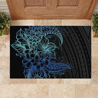 Floral Polynesian Hibiscus Tattoo Rubber Doormat Blue Gradient Style