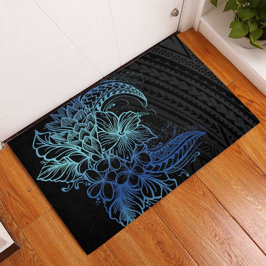 Floral Polynesian Hibiscus Tattoo Rubber Doormat Blue Gradient Style