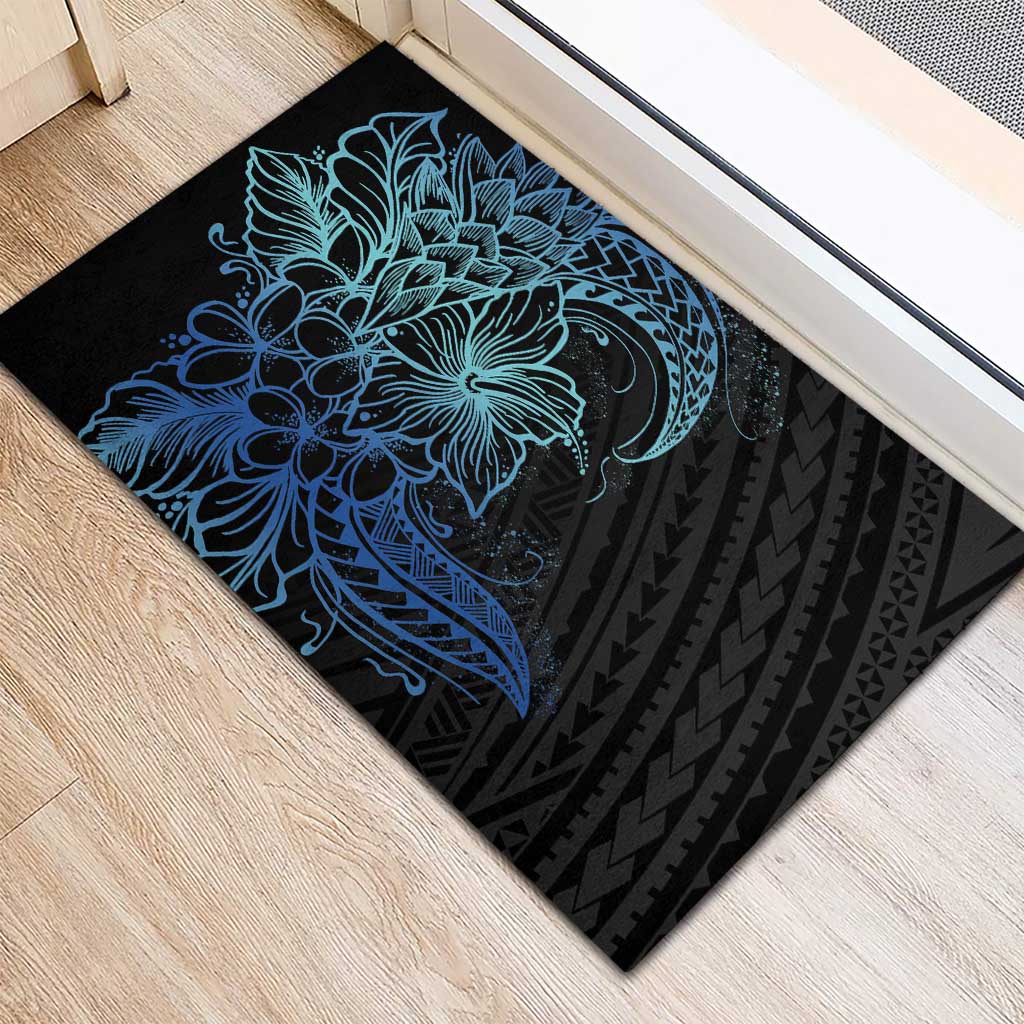 Floral Polynesian Hibiscus Tattoo Rubber Doormat Blue Gradient Style