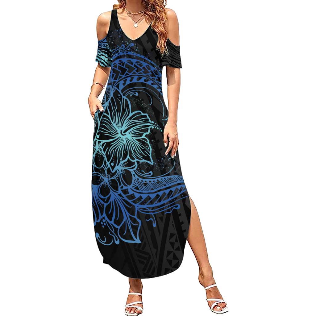 Floral Polynesian Hibiscus Tattoo Summer Maxi Dress Blue Gradient Style LT9 Women Blue - Polynesian Pride