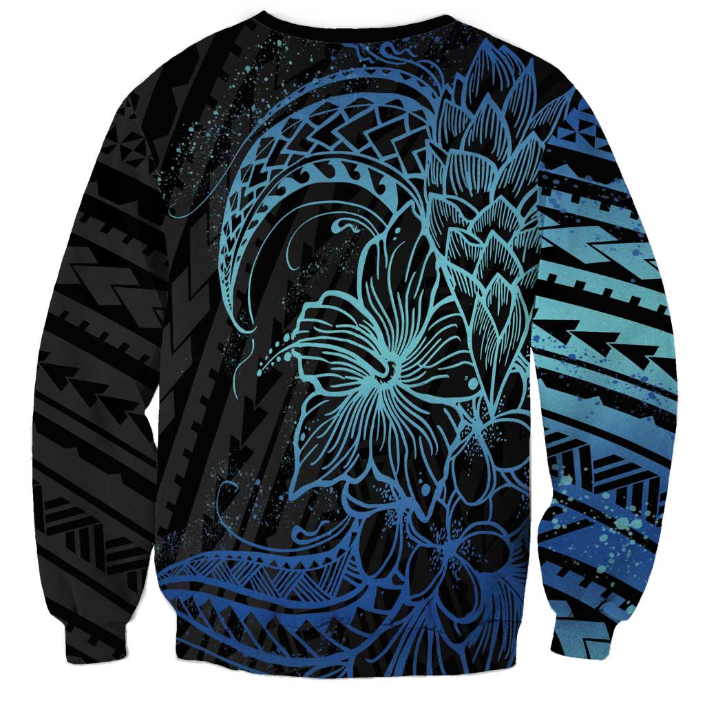 Floral Polynesian Hibiscus Tattoo Sweatshirt Blue Gradient Style
