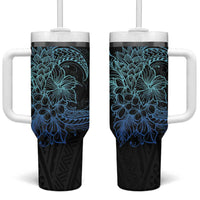 Floral Polynesian Hibiscus Tattoo Tumbler With Handle Blue Gradient Style LT9 One Size: 40 oz Blue - Polynesian Pride