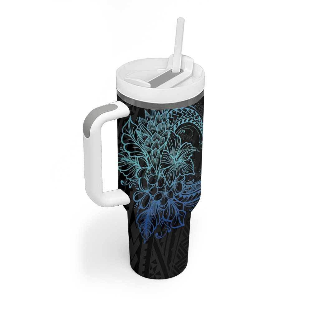 Floral Polynesian Hibiscus Tattoo Tumbler With Handle Blue Gradient Style LT9 - Polynesian Pride