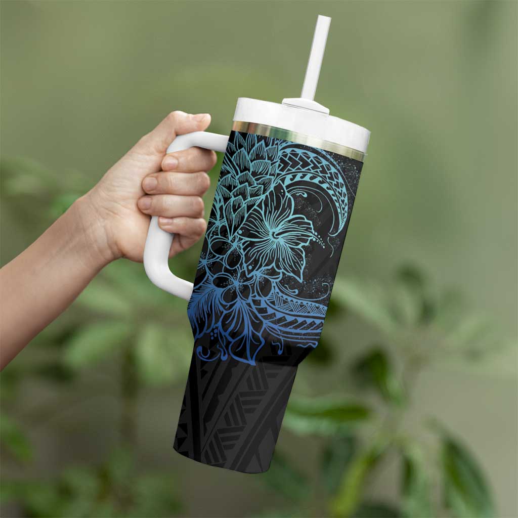 Floral Polynesian Hibiscus Tattoo Tumbler With Handle Blue Gradient Style LT9 - Polynesian Pride