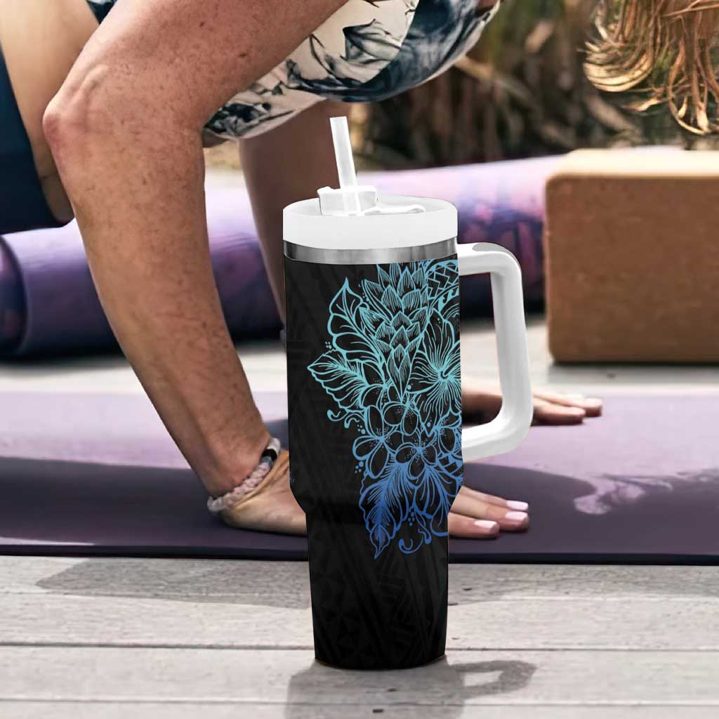Floral Polynesian Hibiscus Tattoo Tumbler With Handle Blue Gradient Style LT9 - Polynesian Pride