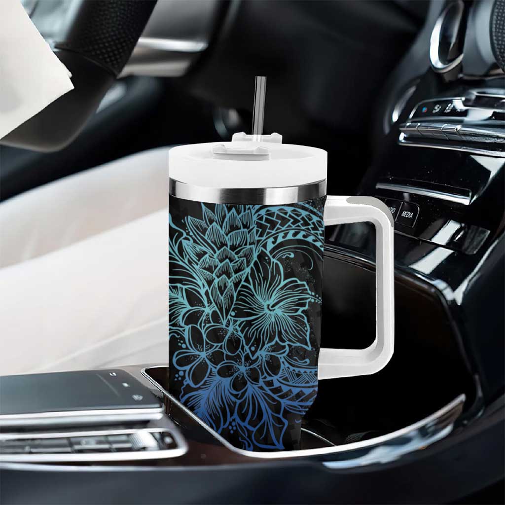 Floral Polynesian Hibiscus Tattoo Tumbler With Handle Blue Gradient Style LT9 - Polynesian Pride