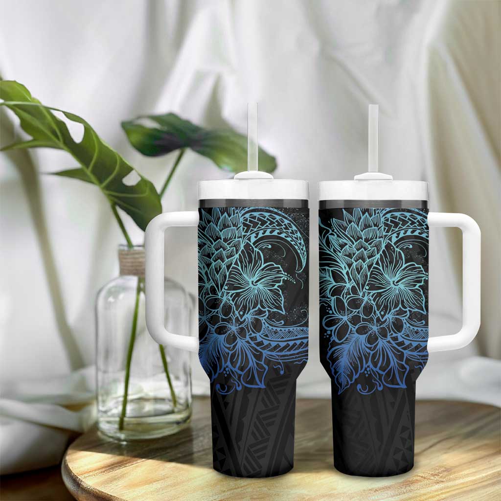 Floral Polynesian Hibiscus Tattoo Tumbler With Handle Blue Gradient Style LT9 - Polynesian Pride