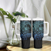 Floral Polynesian Hibiscus Tattoo Tumbler With Handle Blue Gradient Style LT9 - Polynesian Pride
