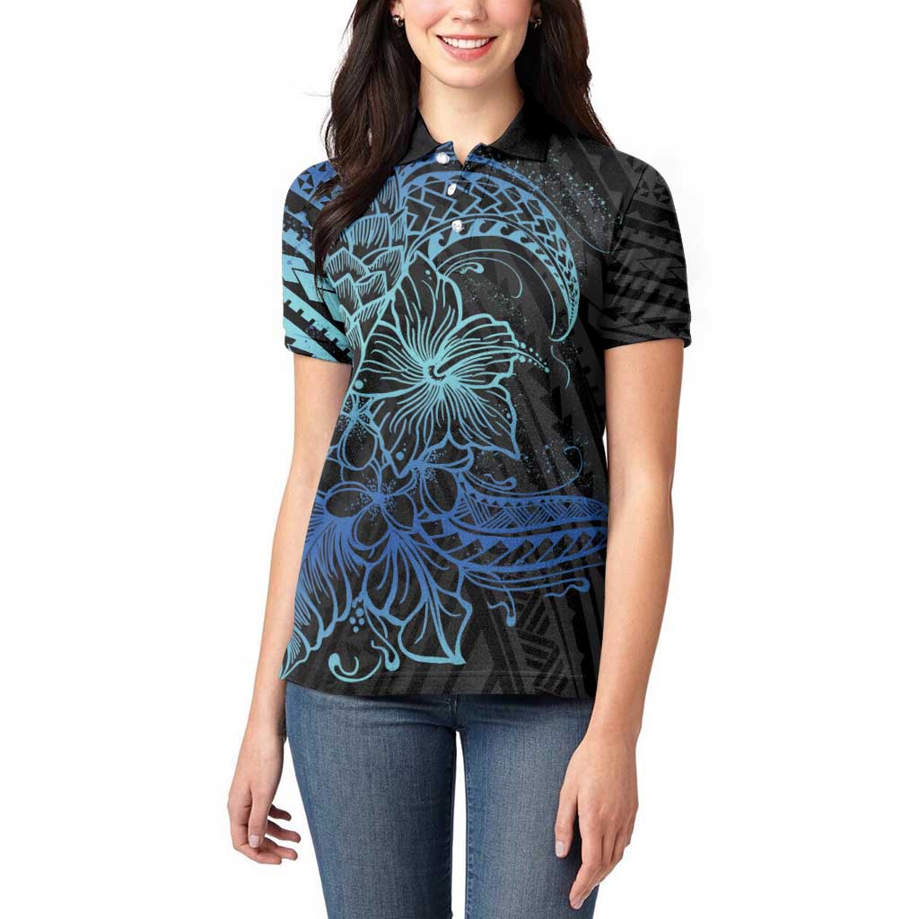 Floral Polynesian Hibiscus Tattoo Women Polo Shirt Blue Gradient Style