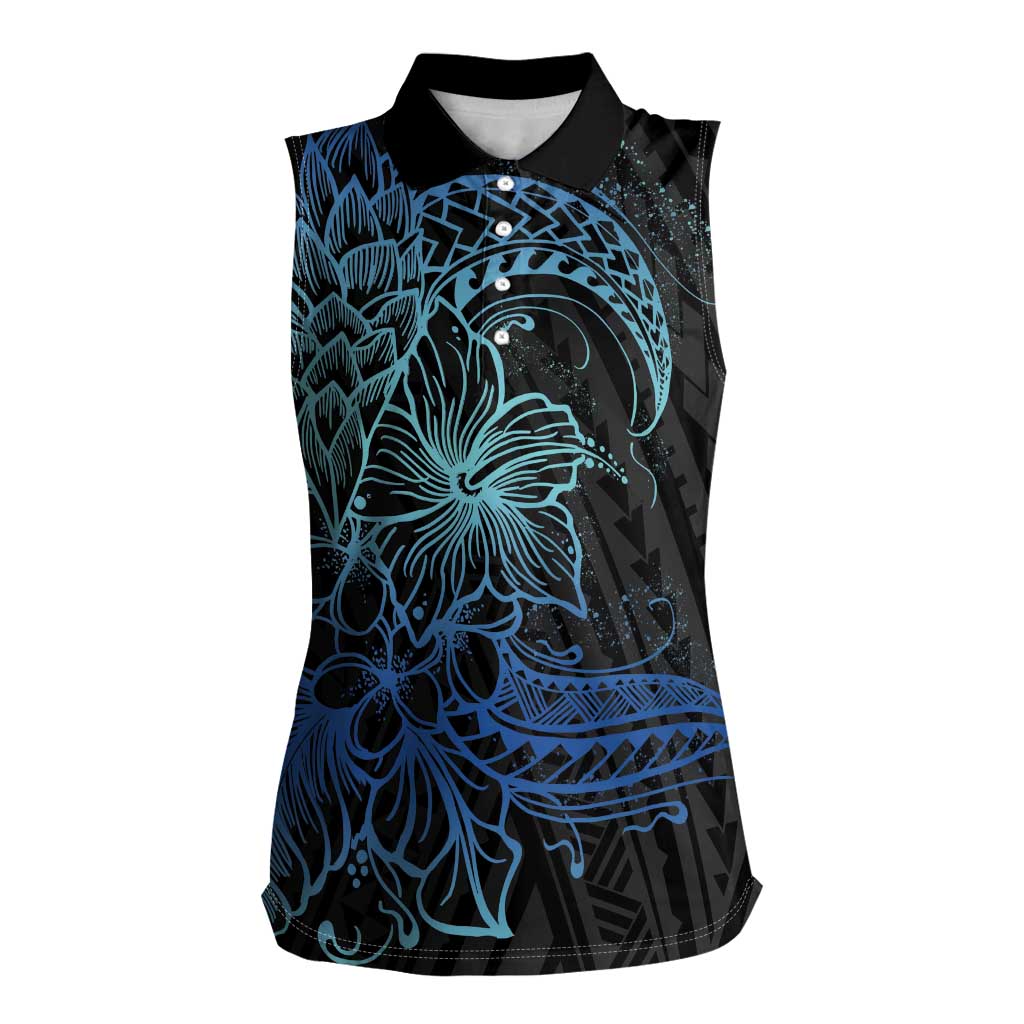 Floral Polynesian Hibiscus Tattoo Women Sleeveless Polo Shirt Blue Gradient Style LT9 Female Blue - Polynesian Pride