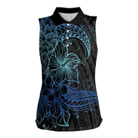 Floral Polynesian Hibiscus Tattoo Women Sleeveless Polo Shirt Blue Gradient Style LT9 Female Blue - Polynesian Pride