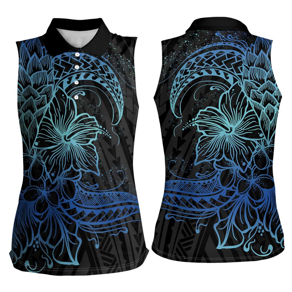 Floral Polynesian Hibiscus Tattoo Women Sleeveless Polo Shirt Blue Gradient Style LT9 - Polynesian Pride
