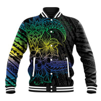 Floral Polynesian Hibiscus Tattoo Baseball Jacket Green Gradient Style