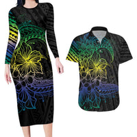 Floral Polynesian Hibiscus Tattoo Couples Matching Long Sleeve Bodycon Dress and Hawaiian Shirt Green Gradient Style LT9 Green - Polynesian Pride