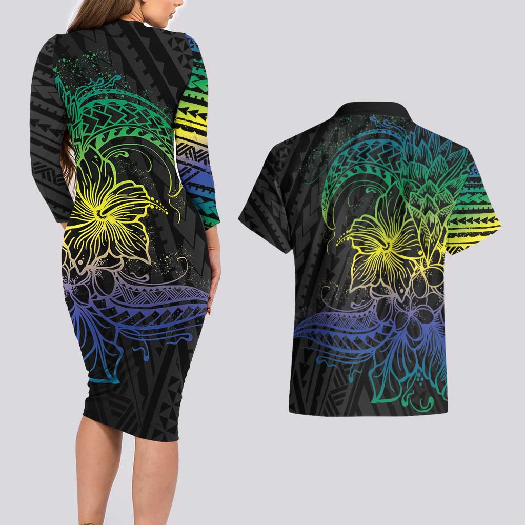 Floral Polynesian Hibiscus Tattoo Couples Matching Long Sleeve Bodycon Dress and Hawaiian Shirt Green Gradient Style LT9 - Polynesian Pride