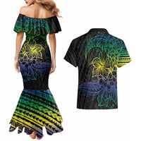 Floral Polynesian Hibiscus Tattoo Couples Matching Mermaid Dress and Hawaiian Shirt Green Gradient Style LT9 - Polynesian Pride
