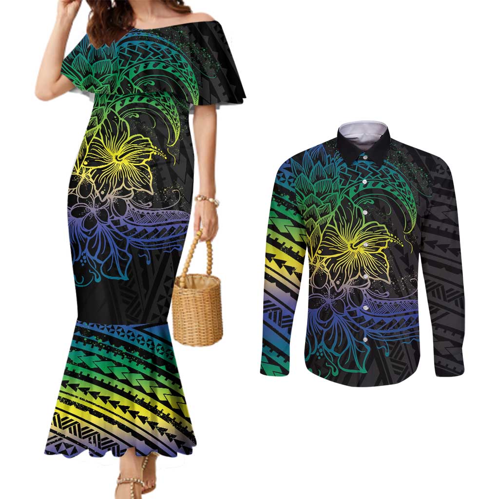 Floral Polynesian Hibiscus Tattoo Couples Matching Mermaid Dress and Long Sleeve Button Shirt Green Gradient Style LT9 Green - Polynesian Pride