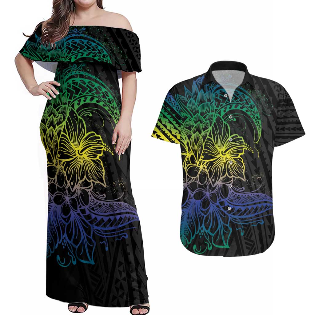 Floral Polynesian Hibiscus Tattoo Couples Matching Off Shoulder Maxi Dress and Hawaiian Shirt Green Gradient Style LT9 Green - Polynesian Pride