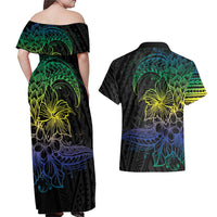 Floral Polynesian Hibiscus Tattoo Couples Matching Off Shoulder Maxi Dress and Hawaiian Shirt Green Gradient Style LT9 - Polynesian Pride