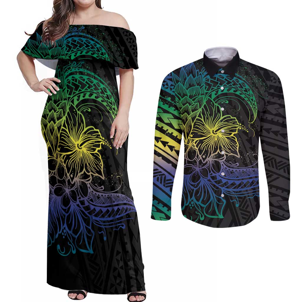 Floral Polynesian Hibiscus Tattoo Couples Matching Off Shoulder Maxi Dress and Long Sleeve Button Shirt Green Gradient Style LT9 Green - Polynesian Pride