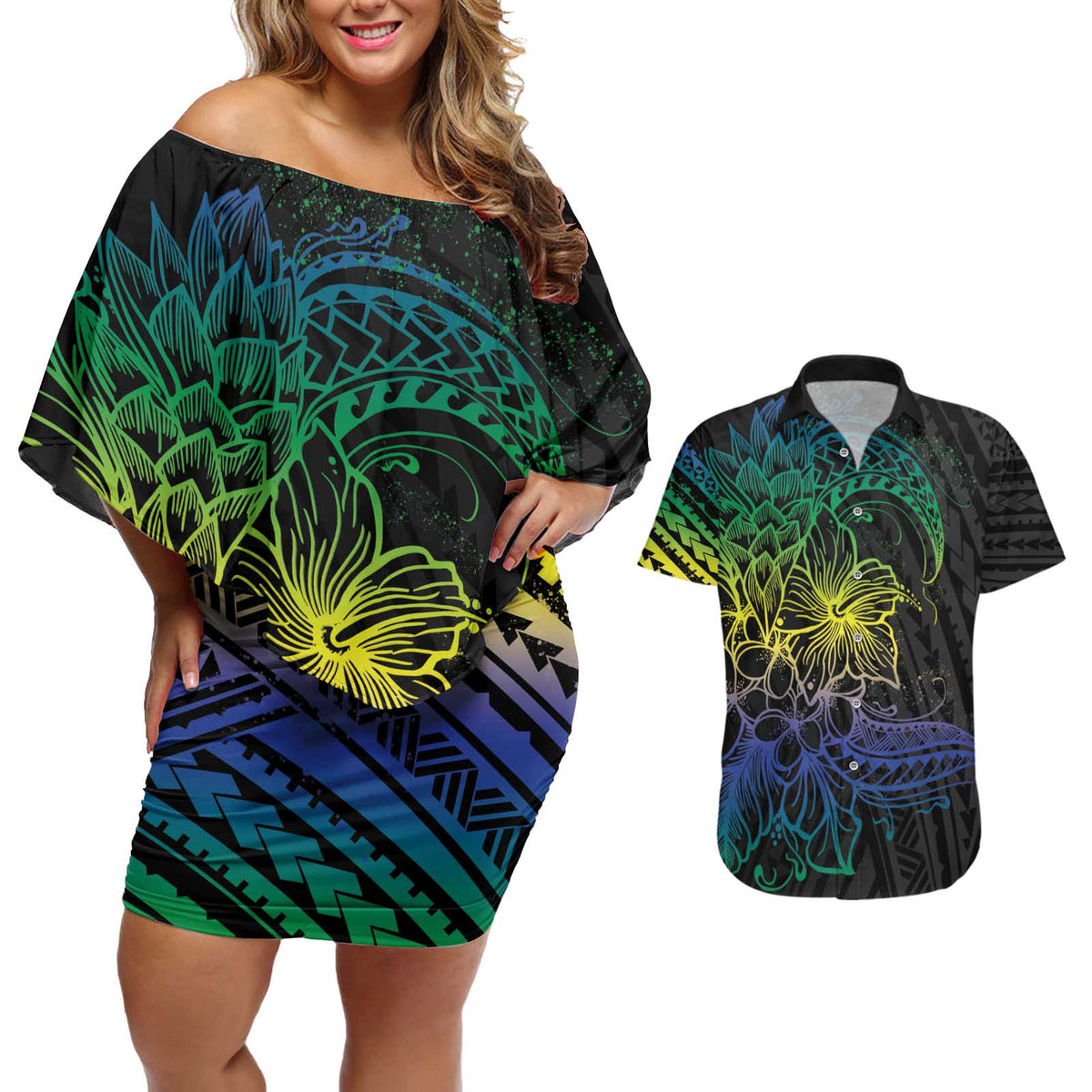Floral Polynesian Hibiscus Tattoo Couples Matching Off Shoulder Short Dress and Hawaiian Shirt Green Gradient Style LT9 Green - Polynesian Pride