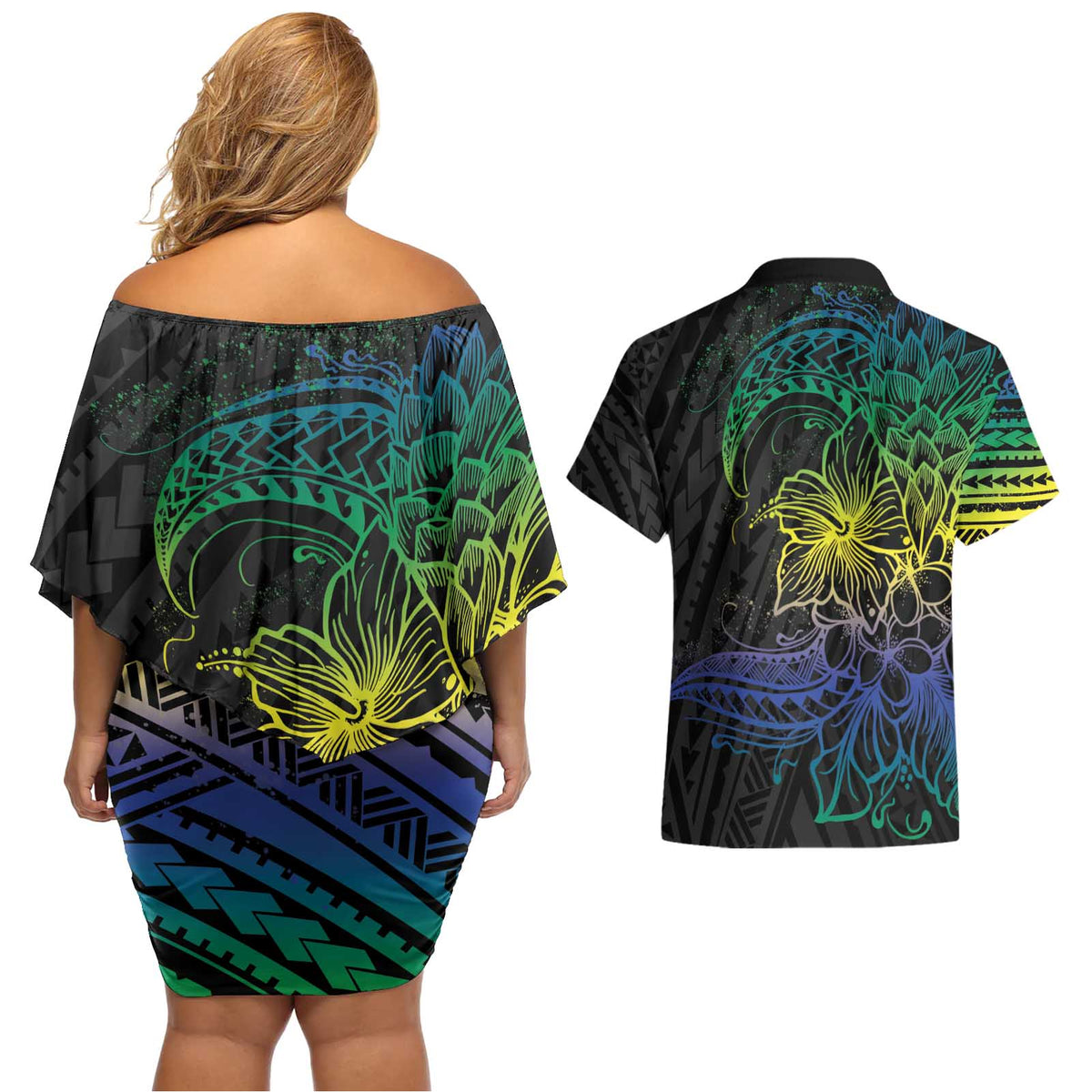 Floral Polynesian Hibiscus Tattoo Couples Matching Off Shoulder Short Dress and Hawaiian Shirt Green Gradient Style LT9 - Polynesian Pride
