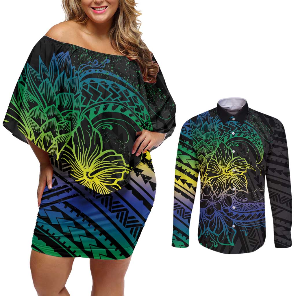 Floral Polynesian Hibiscus Tattoo Couples Matching Off Shoulder Short Dress and Long Sleeve Button Shirt Green Gradient Style LT9 Green - Polynesian Pride