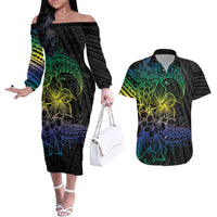 Floral Polynesian Hibiscus Tattoo Couples Matching Off The Shoulder Long Sleeve Dress and Hawaiian Shirt Green Gradient Style LT9 Green - Polynesian Pride