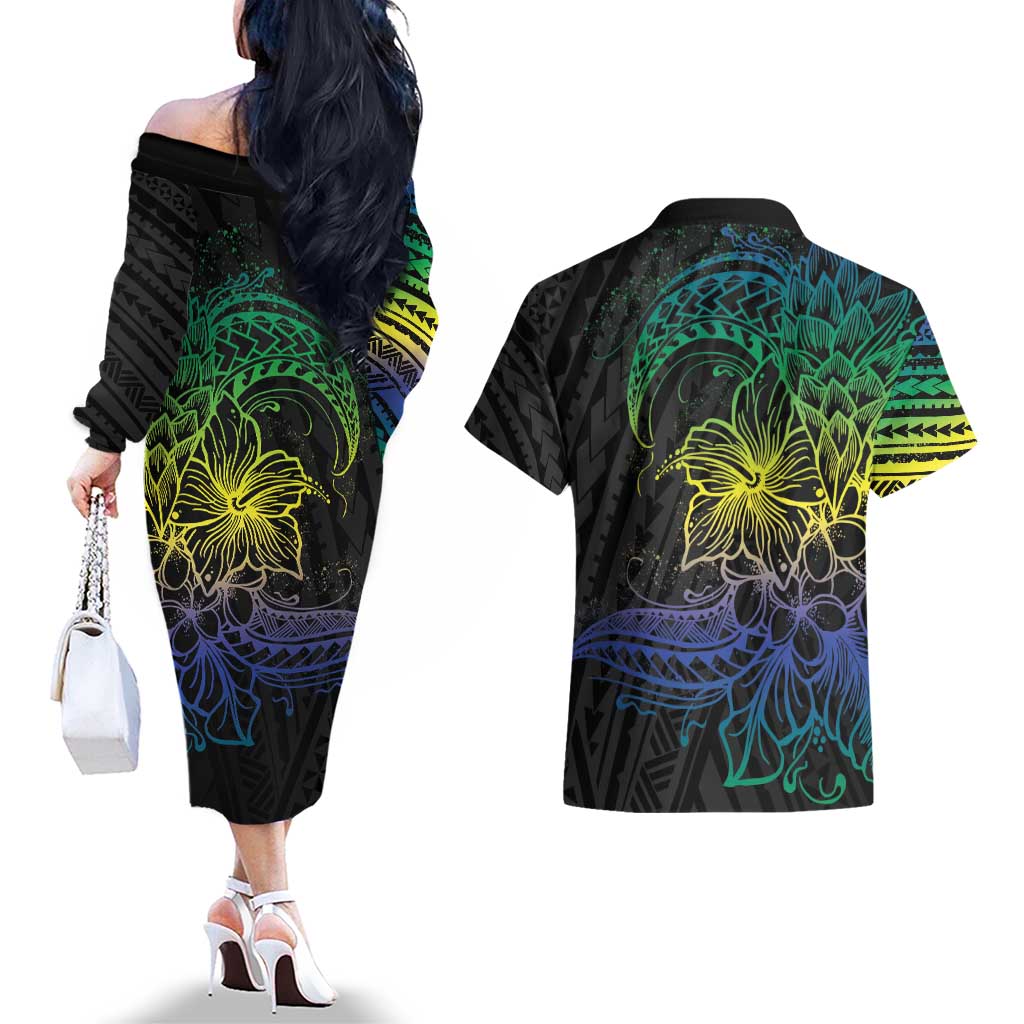 Floral Polynesian Hibiscus Tattoo Couples Matching Off The Shoulder Long Sleeve Dress and Hawaiian Shirt Green Gradient Style LT9 - Polynesian Pride