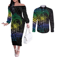 Floral Polynesian Hibiscus Tattoo Couples Matching Off The Shoulder Long Sleeve Dress and Long Sleeve Button Shirt Green Gradient Style LT9 Green - Polynesian Pride