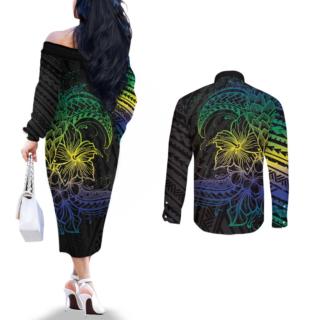 Floral Polynesian Hibiscus Tattoo Couples Matching Off The Shoulder Long Sleeve Dress and Long Sleeve Button Shirt Green Gradient Style LT9 - Polynesian Pride