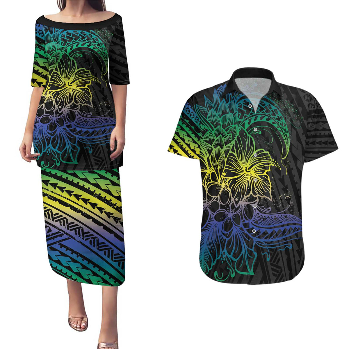 Floral Polynesian Hibiscus Tattoo Couples Matching Puletasi and Hawaiian Shirt Green Gradient Style