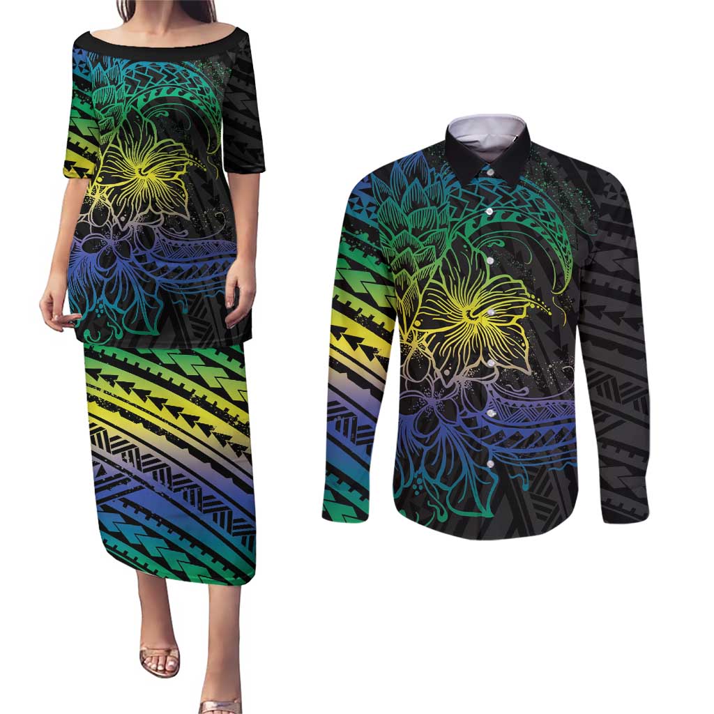 Floral Polynesian Hibiscus Tattoo Couples Matching Puletasi and Long Sleeve Button Shirt Green Gradient Style LT9 Green - Polynesian Pride