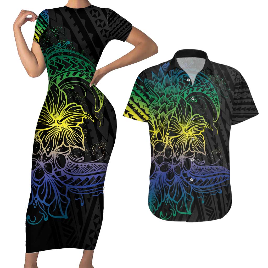 Floral Polynesian Hibiscus Tattoo Couples Matching Short Sleeve Bodycon Dress and Hawaiian Shirt Green Gradient Style LT9 Green - Polynesian Pride