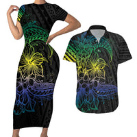 Floral Polynesian Hibiscus Tattoo Couples Matching Short Sleeve Bodycon Dress and Hawaiian Shirt Green Gradient Style LT9 Green - Polynesian Pride
