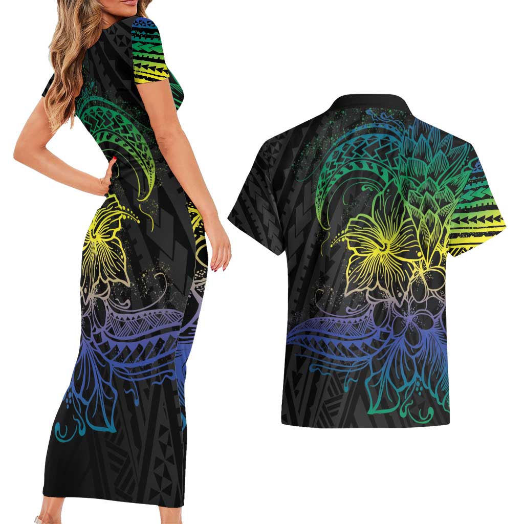 Floral Polynesian Hibiscus Tattoo Couples Matching Short Sleeve Bodycon Dress and Hawaiian Shirt Green Gradient Style LT9 - Polynesian Pride