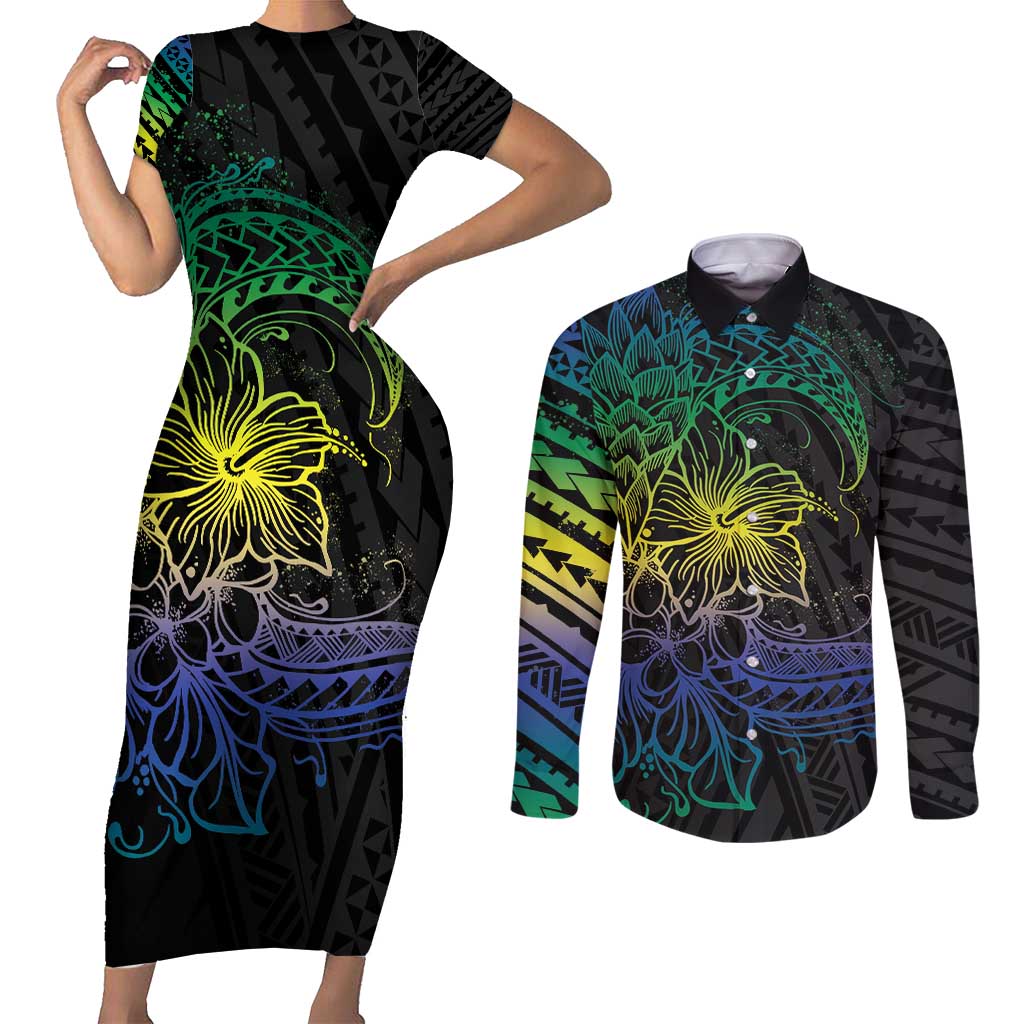 Floral Polynesian Hibiscus Tattoo Couples Matching Short Sleeve Bodycon Dress and Long Sleeve Button Shirt Green Gradient Style LT9 Green - Polynesian Pride