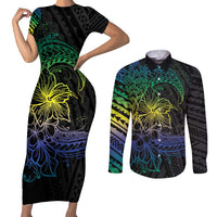 Floral Polynesian Hibiscus Tattoo Couples Matching Short Sleeve Bodycon Dress and Long Sleeve Button Shirt Green Gradient Style LT9 Green - Polynesian Pride