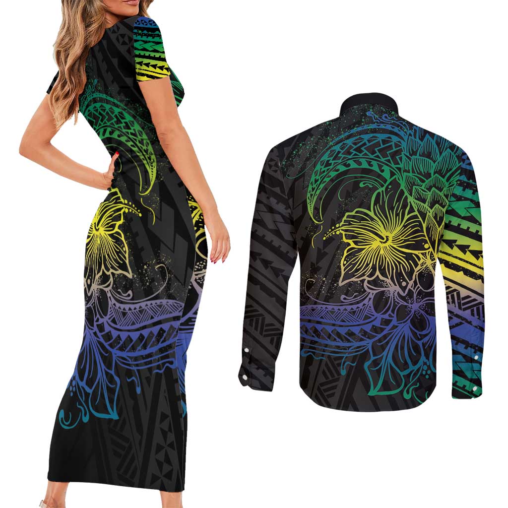 Floral Polynesian Hibiscus Tattoo Couples Matching Short Sleeve Bodycon Dress and Long Sleeve Button Shirt Green Gradient Style LT9 - Polynesian Pride