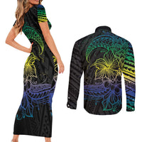 Floral Polynesian Hibiscus Tattoo Couples Matching Short Sleeve Bodycon Dress and Long Sleeve Button Shirt Green Gradient Style LT9 - Polynesian Pride