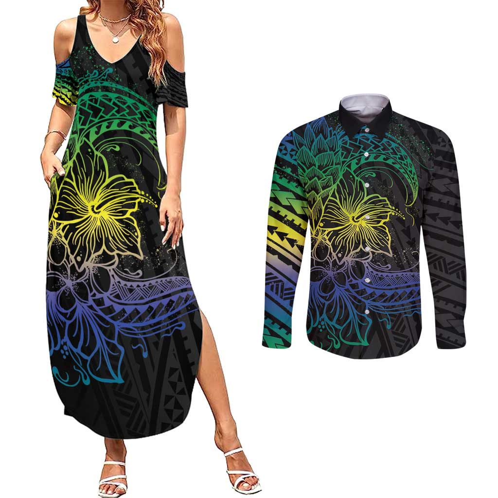 Floral Polynesian Hibiscus Tattoo Couples Matching Summer Maxi Dress and Long Sleeve Button Shirt Green Gradient Style LT9 Green - Polynesian Pride