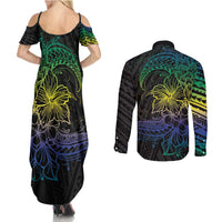 Floral Polynesian Hibiscus Tattoo Couples Matching Summer Maxi Dress and Long Sleeve Button Shirt Green Gradient Style