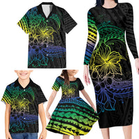 Floral Polynesian Hibiscus Tattoo Family Matching Long Sleeve Bodycon Dress and Hawaiian Shirt Green Gradient Style LT9 - Polynesian Pride