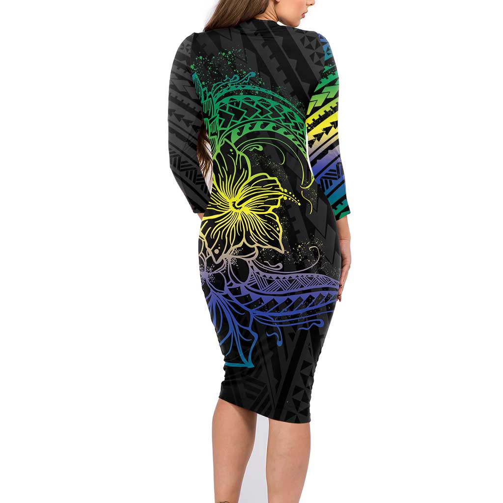 Floral Polynesian Hibiscus Tattoo Family Matching Long Sleeve Bodycon Dress and Hawaiian Shirt Green Gradient Style LT9 - Polynesian Pride