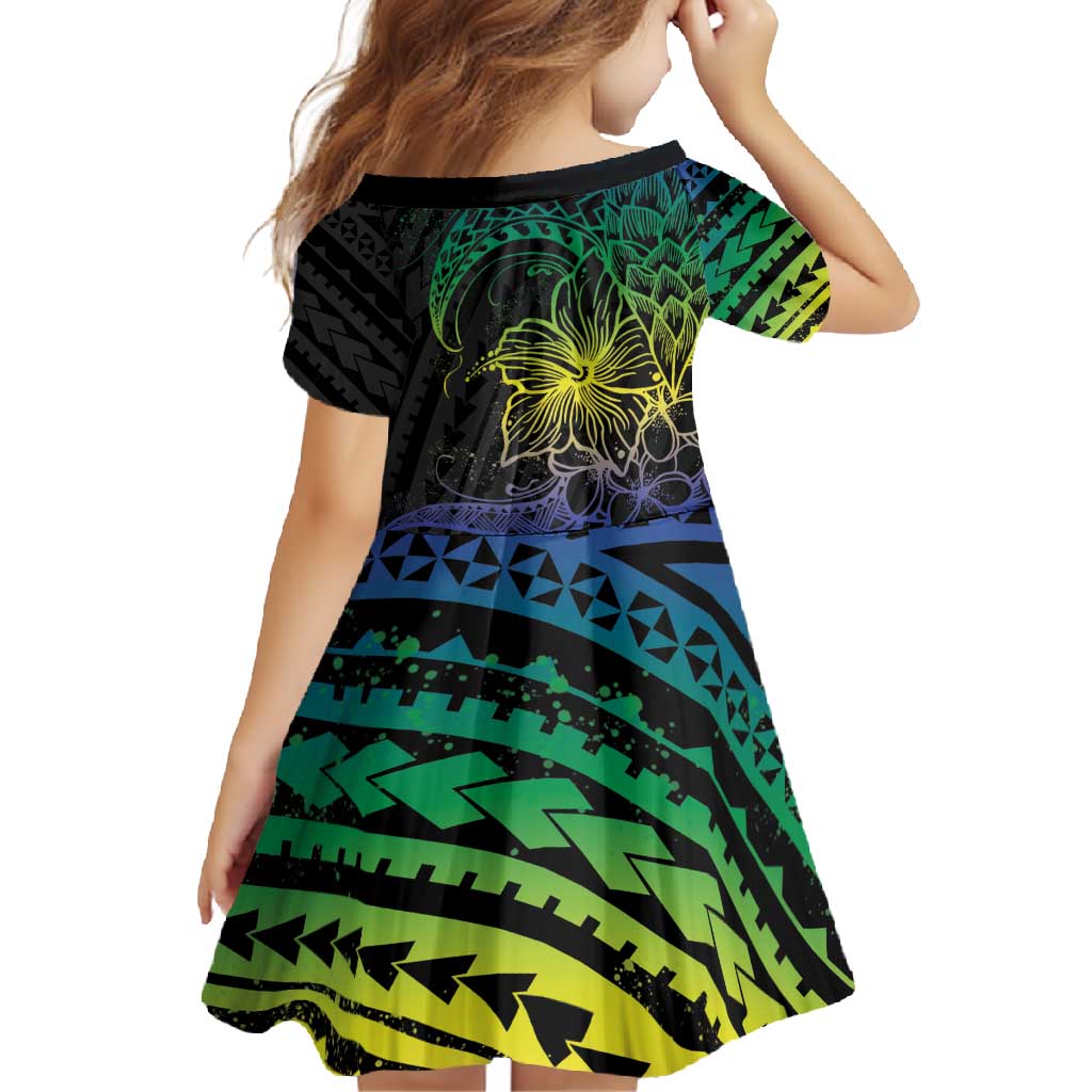Floral Polynesian Hibiscus Tattoo Family Matching Mermaid Dress and Hawaiian Shirt Green Gradient Style LT9 - Polynesian Pride