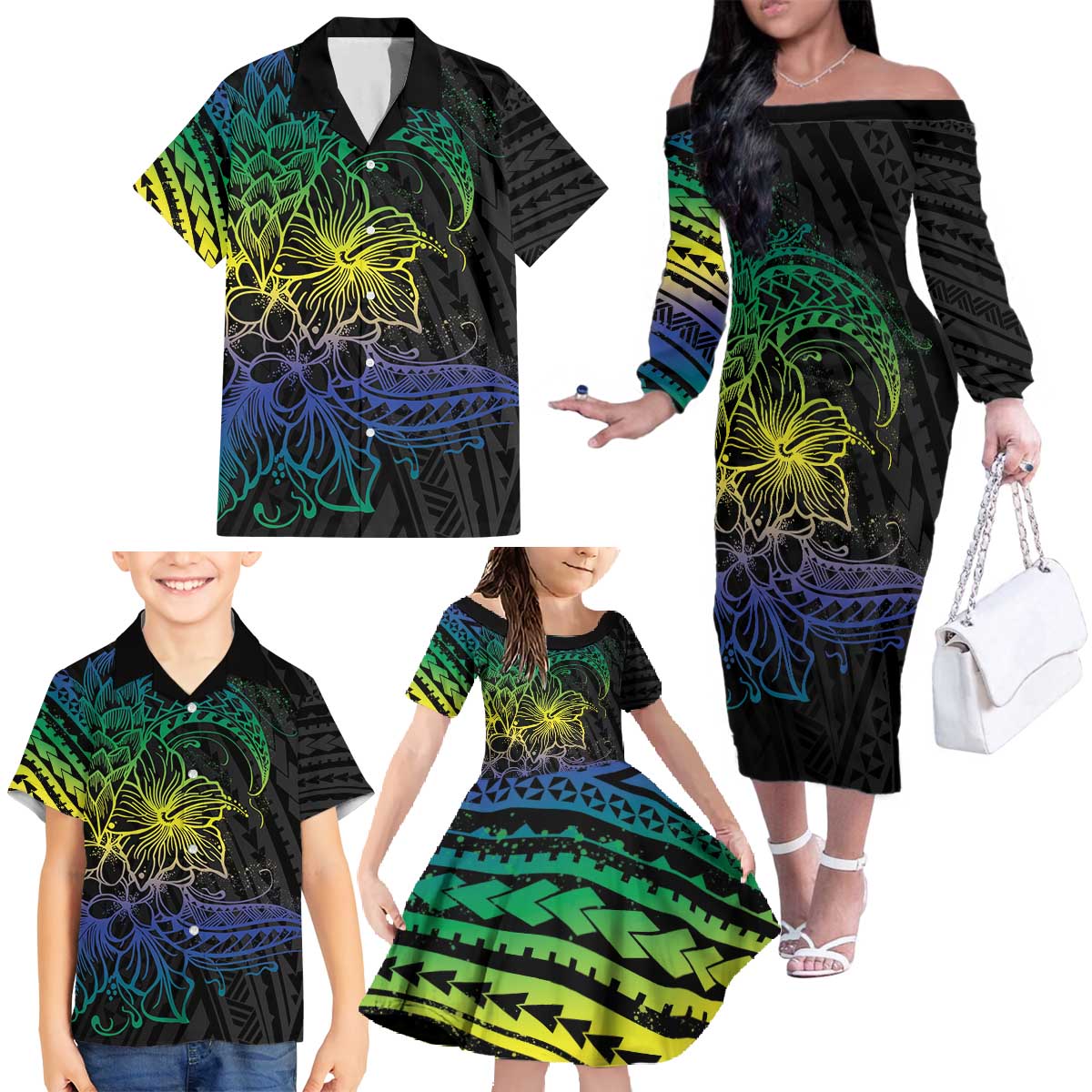 Floral Polynesian Hibiscus Tattoo Family Matching Off The Shoulder Long Sleeve Dress and Hawaiian Shirt Green Gradient Style LT9 - Polynesian Pride